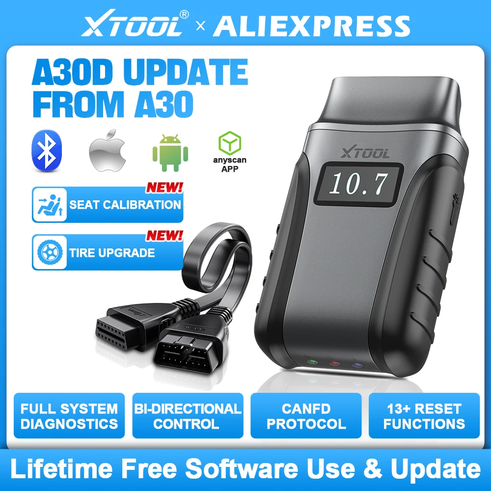 XTOOL Anyscan A30D BT OBD2 Scanner Andriod IOS Bidirectional Scan Tool,Full System 13 Reset Service,added CAN FD upgrade of A30