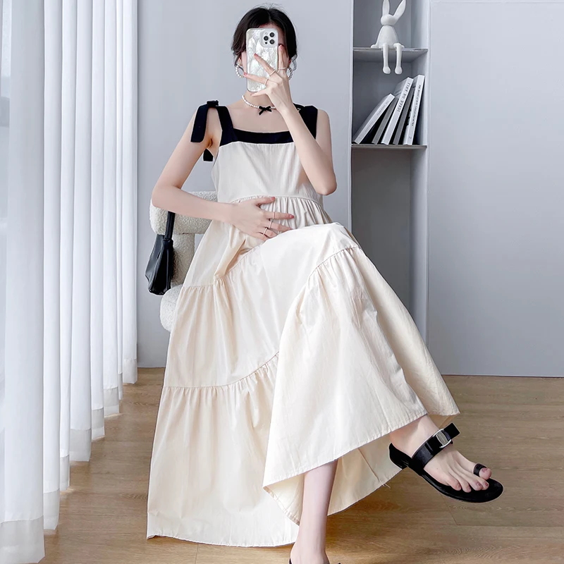 

Summer Sweet Pregnant Women Dress Backless Square Collar Sleeveless Maternity Strap Dress Long Loose Pregnancy Beach Dress Loose