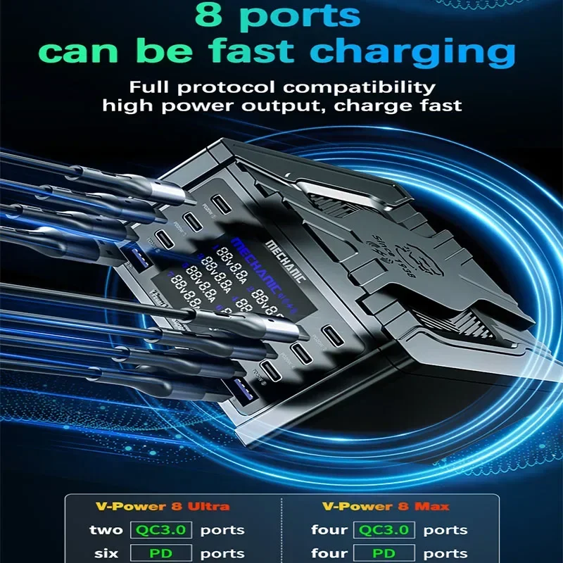 Mechanic V Power 8 Ultra Max 8 Ports Quick Charger Digital Display High Power Fast Changing Source For Mobile Phone Pad Watches