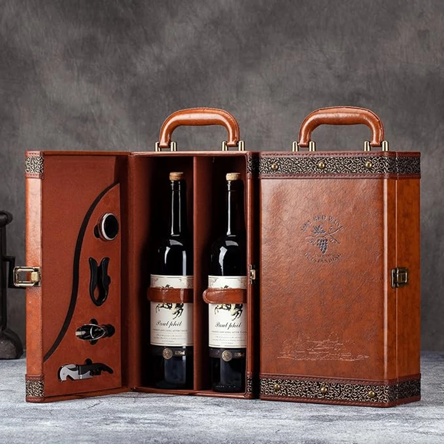 2 Bottle Wine Gift Box with 4 Accessories Set – PU Leather Portable Wine Carrier Tote, ... - SKU WGB02059 - UGI Packaging