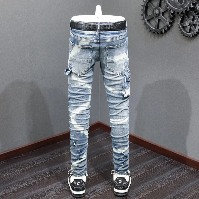High Street Fashion Men Jeans Retro Blue Stretch Skinny Fit Hip Hop Jeans Men Multi Pockets Spliced Designer Brand Pants Hombre