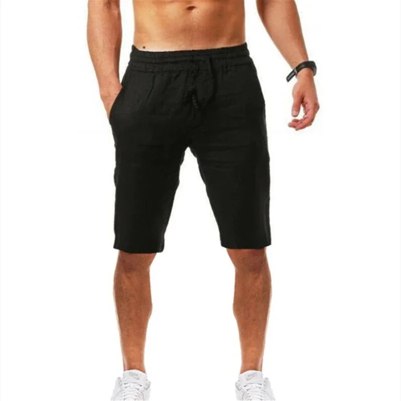 Cotton Linen Shorts Men Cropped Trousers Summer Pants Breathable Solid Color Linen Trousers Fitness Streetwear Sweatpants Trunks