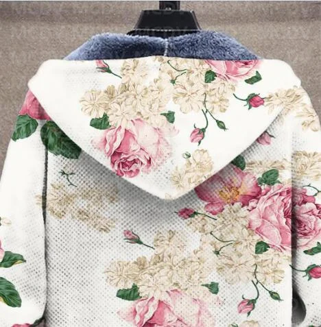 Men's Plush Thick Long-Sleeved Coat Cardigan Flower 3D Prined Fleece Hooded Overcoat Unisex Thick Warm Jacket