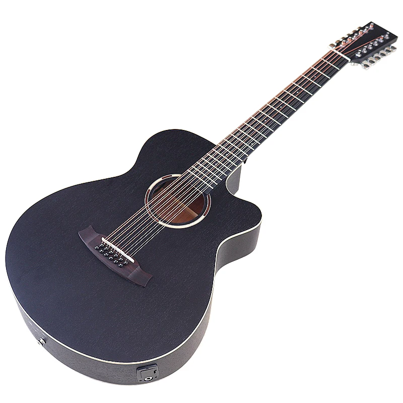 Acoustic Electric Guitar Acoustic Guitar Black 12 String Electric Acoustic Guitar Cutaway Design 40 Inch Full Sapele Body Matte Folk Guitar