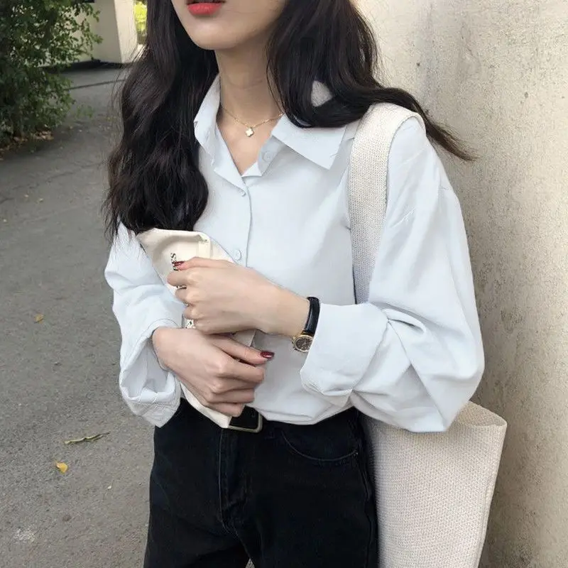 Fashion Solid Color Button All-match Korean Shirt Female Clothing 2022 Autumn New Oversized Casual Tops Loose Office Lady Blouse