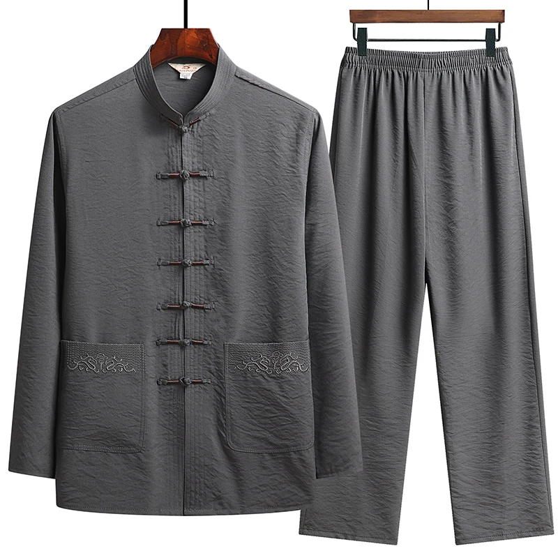 Chinese Style Cotton Linen Tang Suit Casual  Spring Autumn Men's Long-sleeved Shirt Pants Two-pieces Fashion Men Sets 3