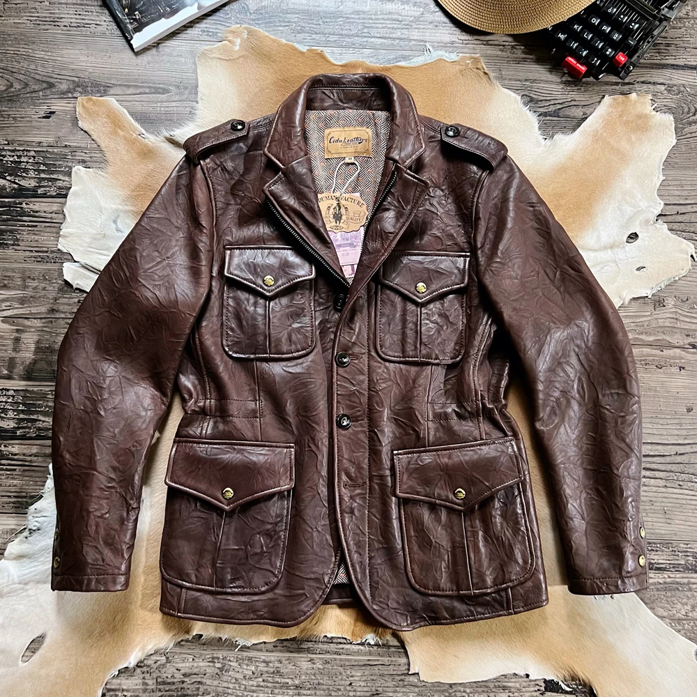 

YR!Free shipping.Cidu brand.Luxury Italy texture sheepskin jacket.Vintage Brown hunting clothes.Men slim leather Trench coat,