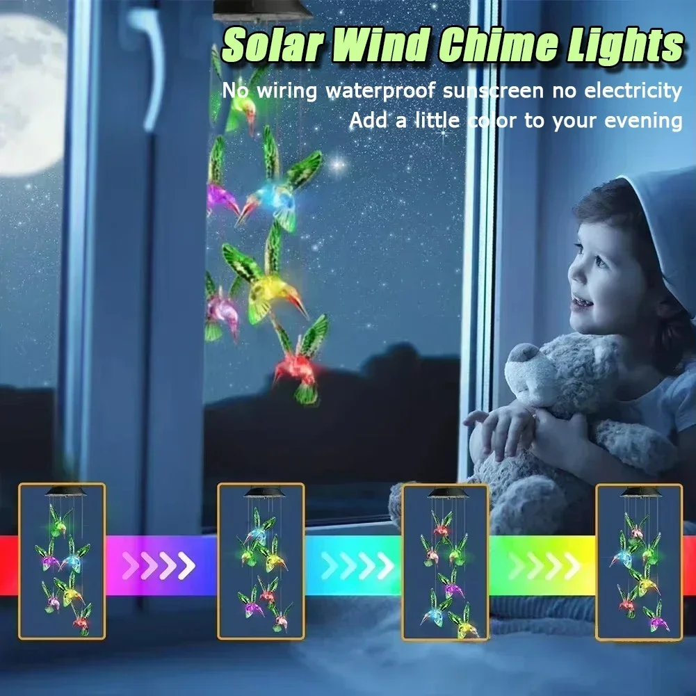 6PCS Owl Hummingbird Wind Chimes Pendant Lights Solar Rechargeable Lanterns Outdoor Garden Yard Waterproof Decorative Lamp