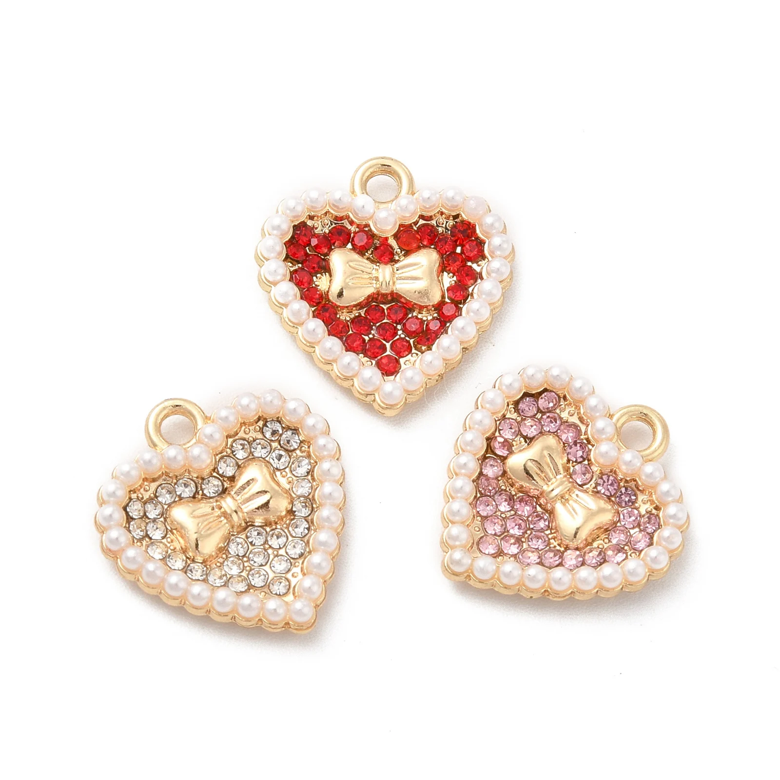100 Pcs Heart with Bowknot Alloy Rhinestone Pendants with Abs Plastic Imitation Pearl Bead for Women Necklace Jewelry Making
