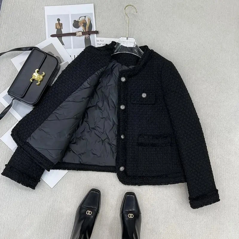 

Autumn Winter Cotton Thick Tweed Temperament Black Round Neck Fragrant Down Inner Jacket Coats