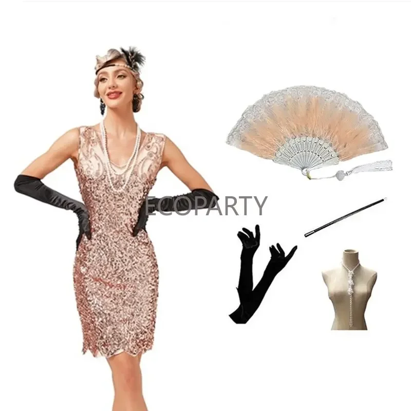 

Sexy 1920S Sequin Skirt V-neck Retro Banquet Dress Feather Fan Glove Smoke Rod Necklace Accessories Women's Dress Prom Party
