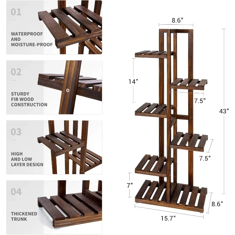 Wood Plant Stand 6 Tier 7 Potted Plant Shelf Indoor Outdoor Tall Multi-tiered Flower Pot Holder Modern Ladder Storage Rack