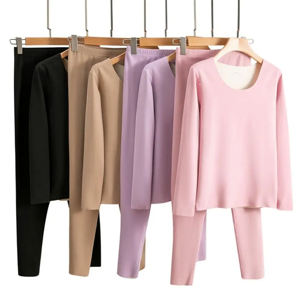 Soft German Fleece Solid Color O-Neck Pants Korean Style Sleepwear Elastic Underwear Long Johns Set Women Thermal Underwear