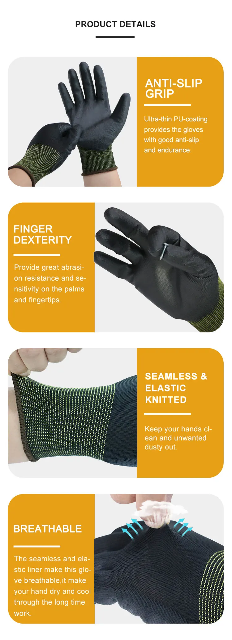 10 pairs 13 Gauge Nylon Pu Coated Glove Safety Work Gloves Pu