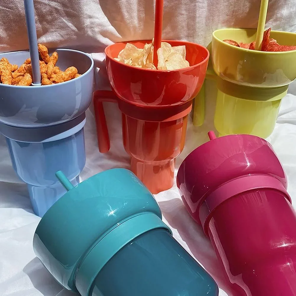 

New 2in1 Snack and Drink Cup Bowl Water Bottle Straw Stadium Tumbler Splash Proof Leakproof Portable for Adults Kids Cinema Trip