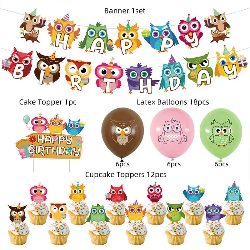 올빼미 생일 축하 파티 장식 케이크 토퍼 동물 라텍스 풍선 배너 베이비 샤워 장식 아이 사진 소품 용품