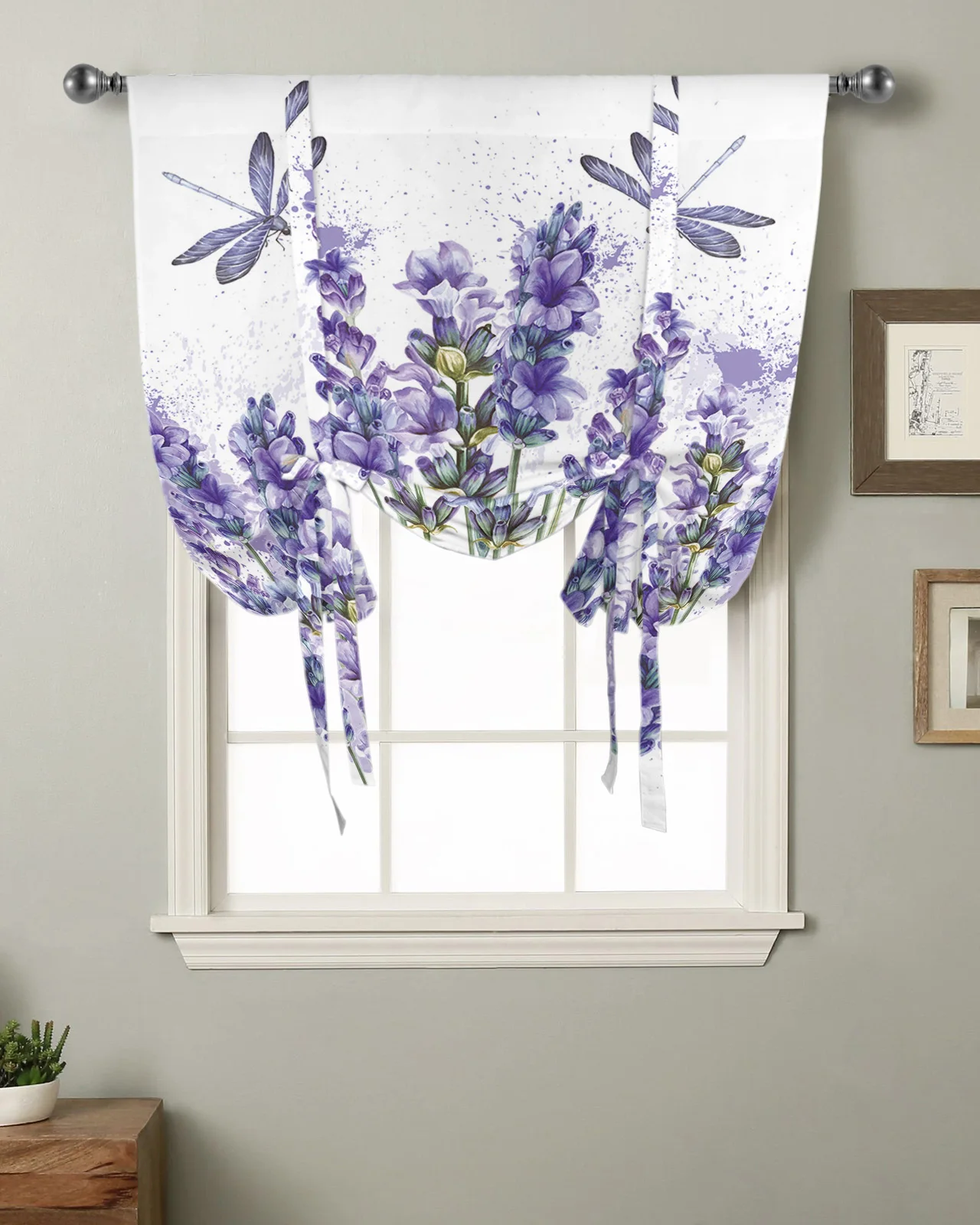 

Purple Flower Lavender Dragonfly White Kitchen Short Window Curtain Modern Home Decor Small Window Roman Tie Up Curtains