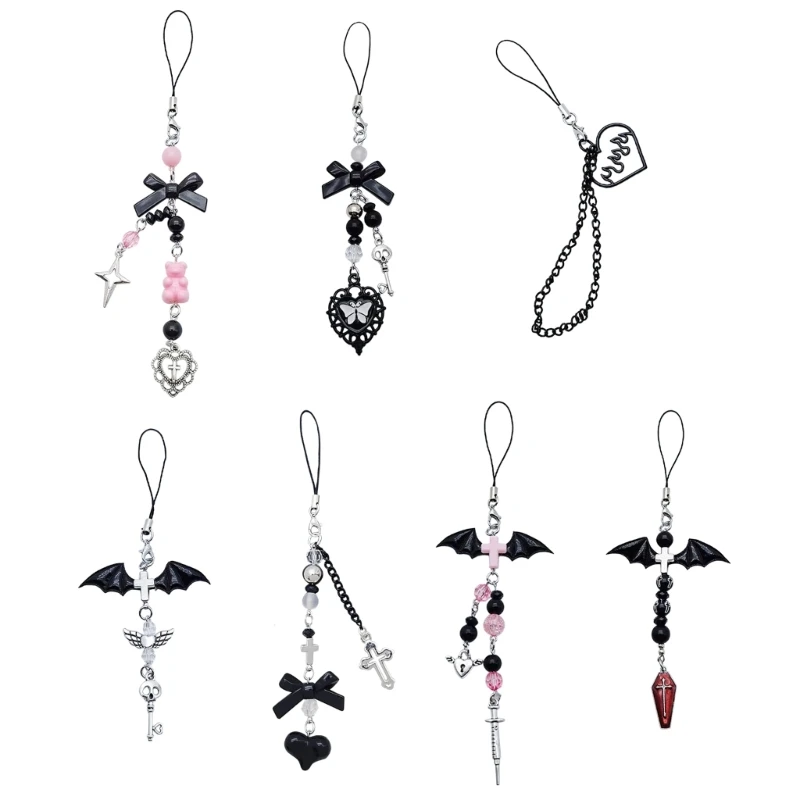 

KIKI Bow-Love Keychain Crystal Y2k Beaded Phone Lanyard Strap Guitar Charm Cross-Pendant Phone Chain Anti-Lost for Women Girl