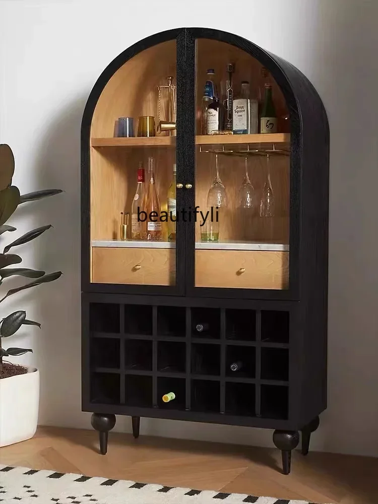 

American Arch Wine Cabinet Vintage Solid Wood Black Storage Cabinet French Glass Door Side Cabinet Locker