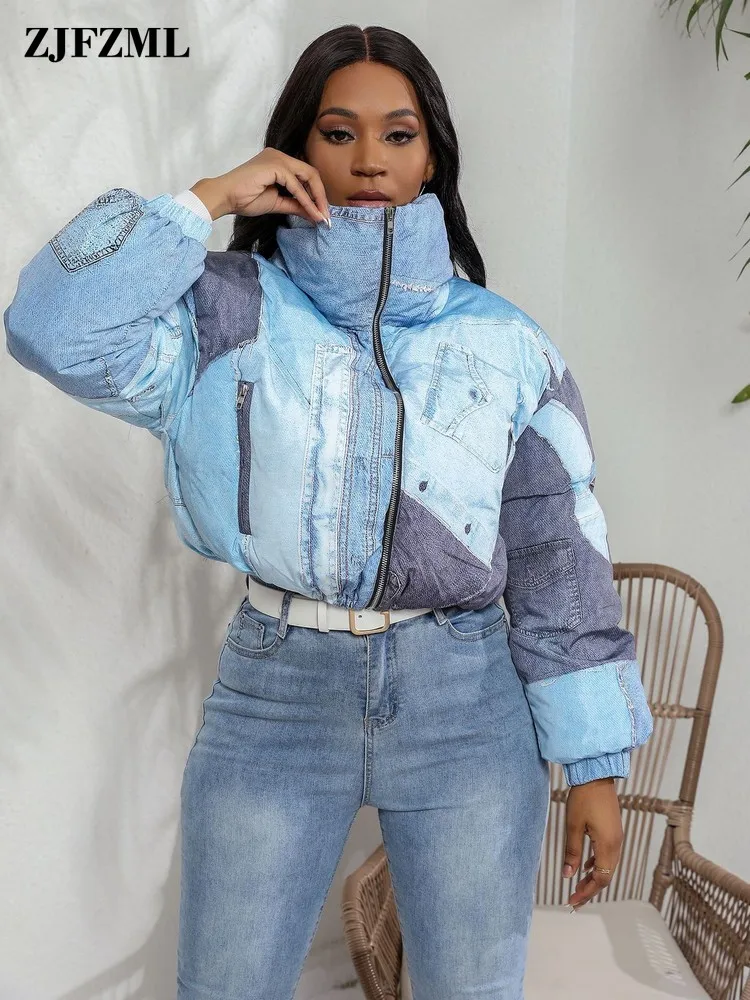 

Autumn Winter Denim Printed Cotton Coats Warm Clothing For Women Stand Collar Short Jackets Short Outwear Thick Down Bubble Coat