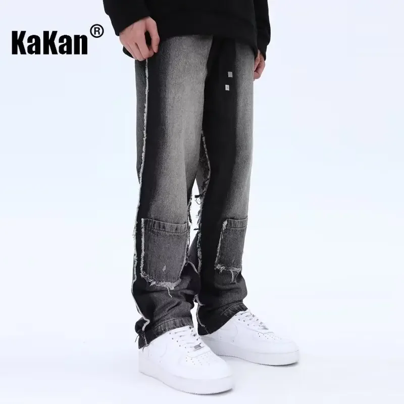 Kakan - European and American New Gradient Black Jeans for Men, Retro High Street Straight Leg Loose Leg Jeans K27