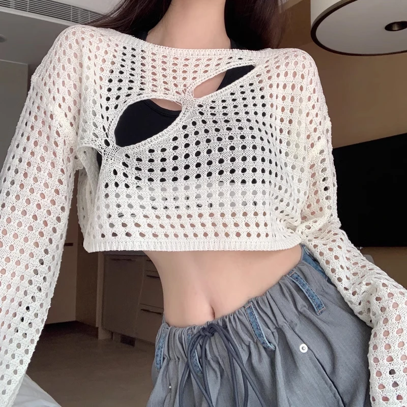 

White Hollow Pullovers Women Hotsweet Sexy Loose Long Sleeve Knitted Cropped Sweater Smock Summer New