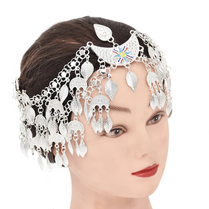 Diadema con borlas de hojas de aleación para mujer, dijes de Metal brillantes tallados Vintage, joyería para el cabello, diadema étnica Bohemia para mujer