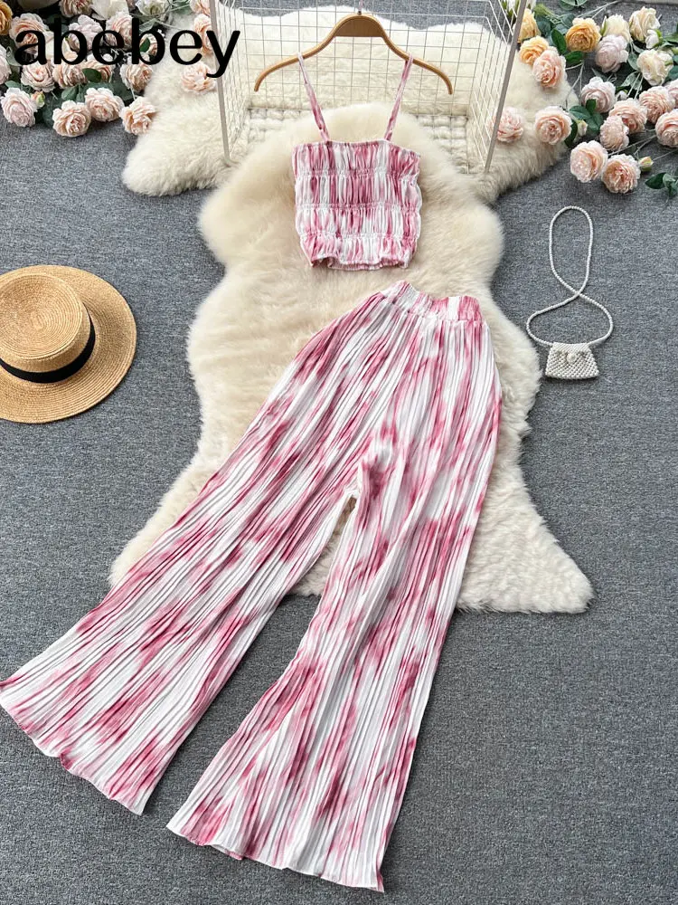 

Женский пляжный комплект из 2 предметов, шифоновый пикантный топ на бретельках и длинные брюки с широкими штанинами и принтом бабочки, летний костюм из двух предметов