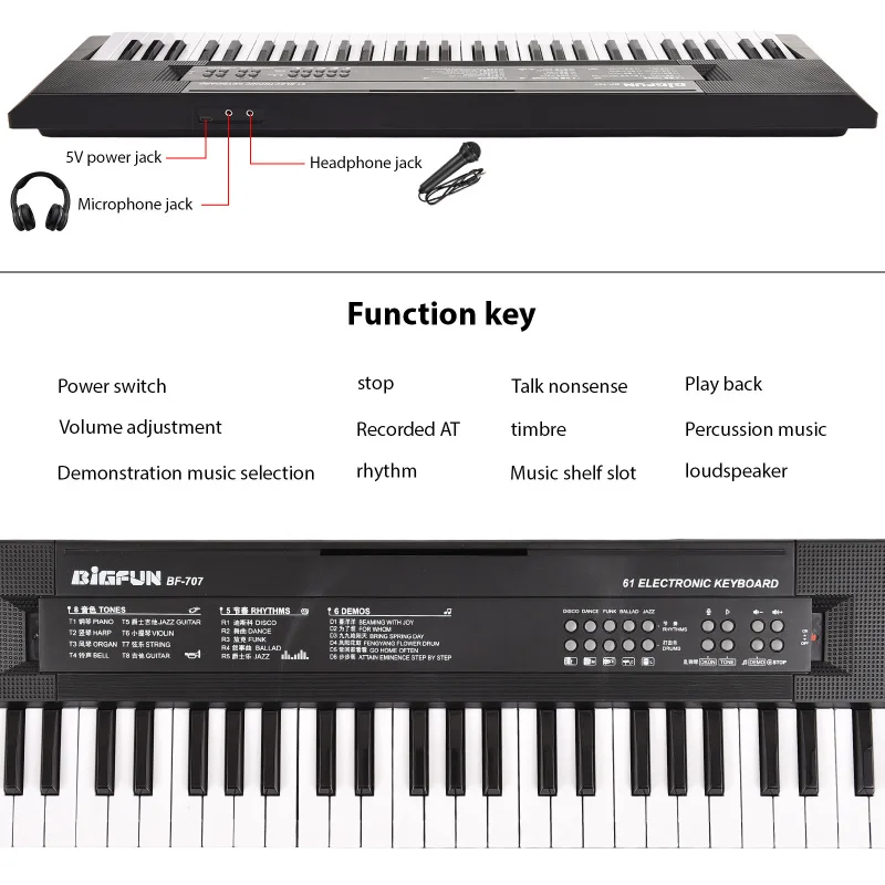 61 Key Electronic Keyboard Piano BIGFUN Dual Speakers 8 Tones 5 Rhythms 5 Drums Percussions 6 Demos Musical Instrument