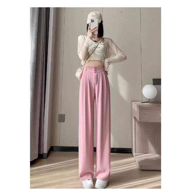 Fashion Double Button Colorful Summer Women Ice Shreds Wide Legs Thin Style High Waist Chiffon Loose Casual All-match Trousers