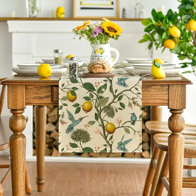 Spring Summer Lemon Tree Bird Flower Linen Table Runner Party Decor Reusable Kitchen Dining Table Runner Wedding Decorations 2