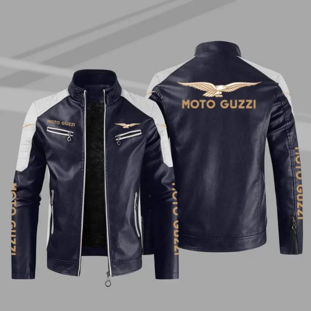 New motorcycle style leather jacket Moto Guzzi color stand collar leather jacket spring and autumn style without velvet jacket 5