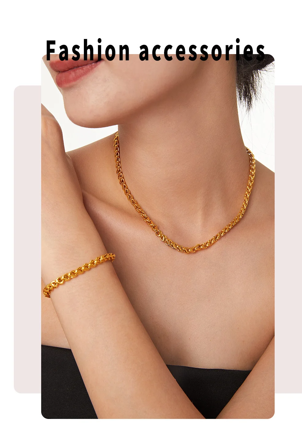 Hip-Hop Mode Ketten-Armband-Halsketten-Set für Damen, Kupfer Vergoldet, Wasserfester Schmuck, Farbechte Accessoires Großhandel – Detail 6