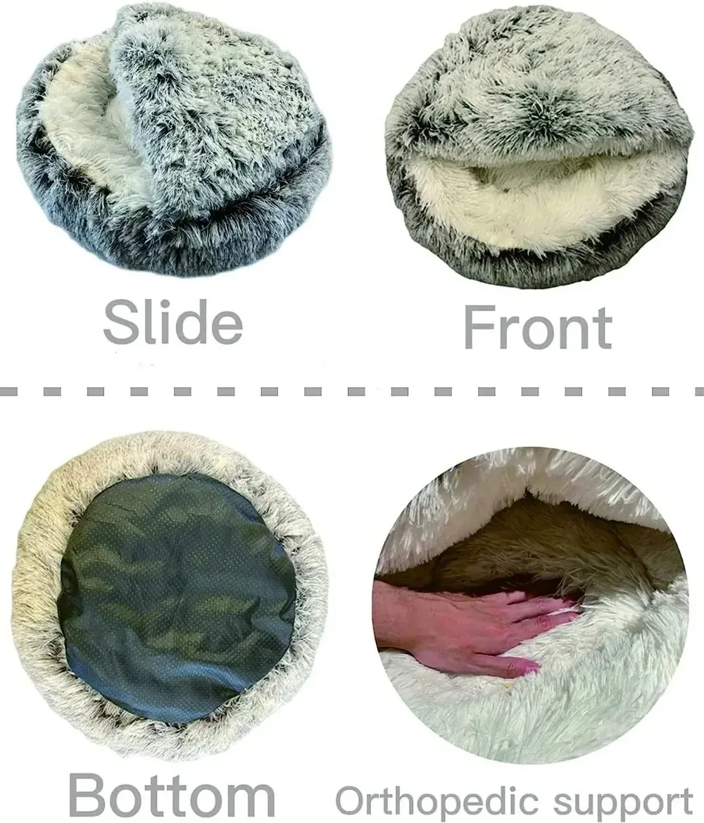 Cama redonda de felpa suave para gatos, cama larga de felpa cálida y cómoda para invierno, nido redondo semicerrado para gatos, saco de dormir para perros pequeños 5