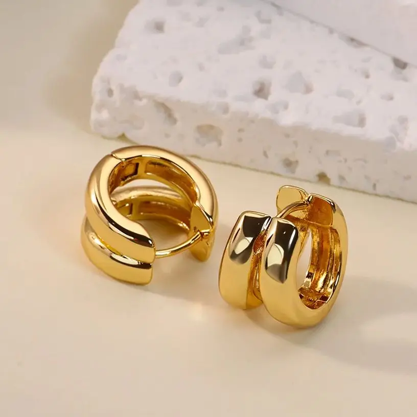Classic Double Hoop Earrings for Women Chunky Stainless Steel Gold Color