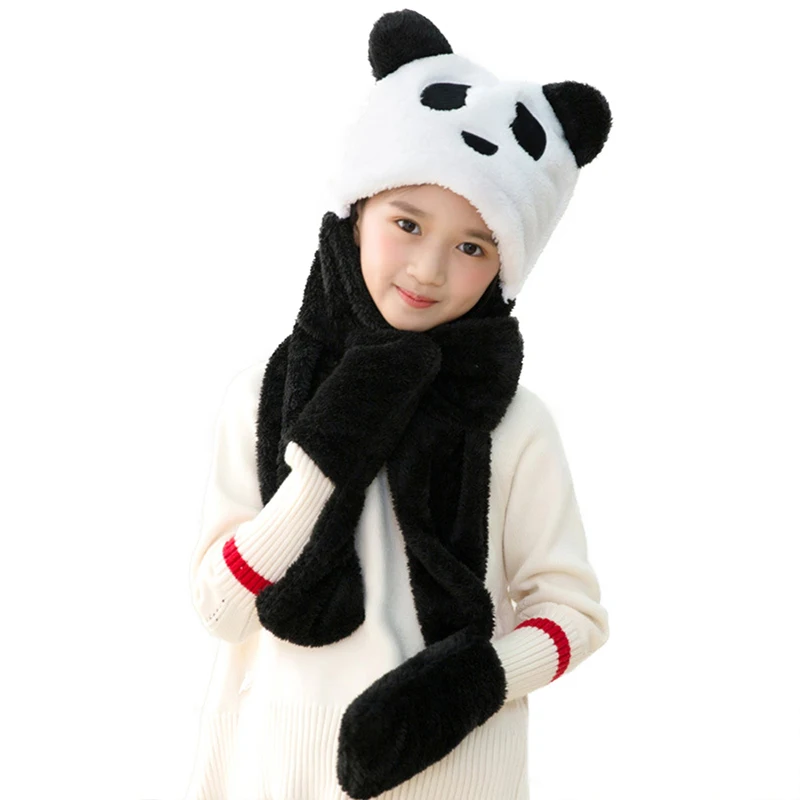 3 in 1 Winter Animal Hat Scarf Mitten Combo Panda Bear Cute Hood