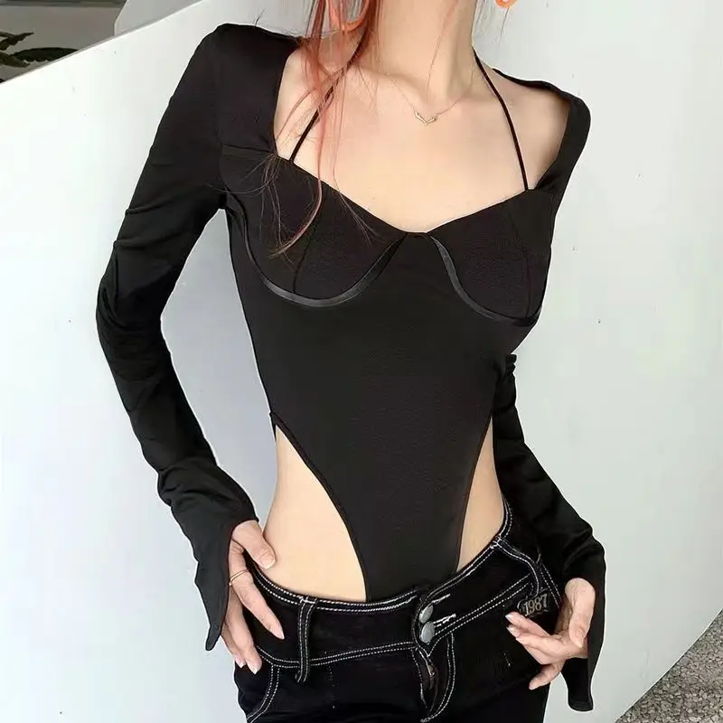 

Bodysuit Long Sleeve Women Body Suits Streetwear Sexy Bodycon Square Neck Sheath Crotch Basic Black Overalls Top