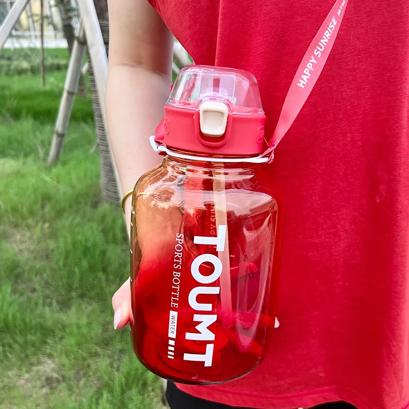 

1100ML/1390ML Big Belly Cup New Tons of Barrels High-Value Cross-Body Strap Plastic Straw Cup Gradient Large-Capacity Water Cup