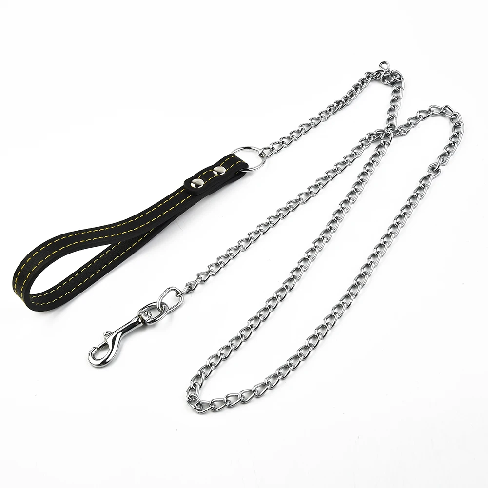 Dog Leash Dog Leash Metal Chain 2.0mm*120cm With Leather Style Handle Strong Control Leash Pet Supplies Iron Towing Rope