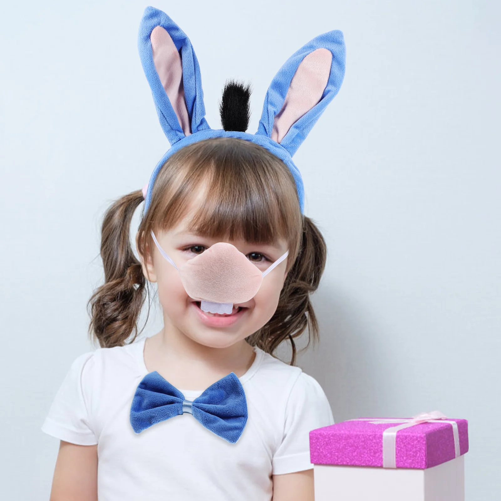 Gray Donkey Ears Headband Kids Costume Halloween Supplies Animal Hair Accessories Donkey Tail Nose Bowtie Set Children Stage