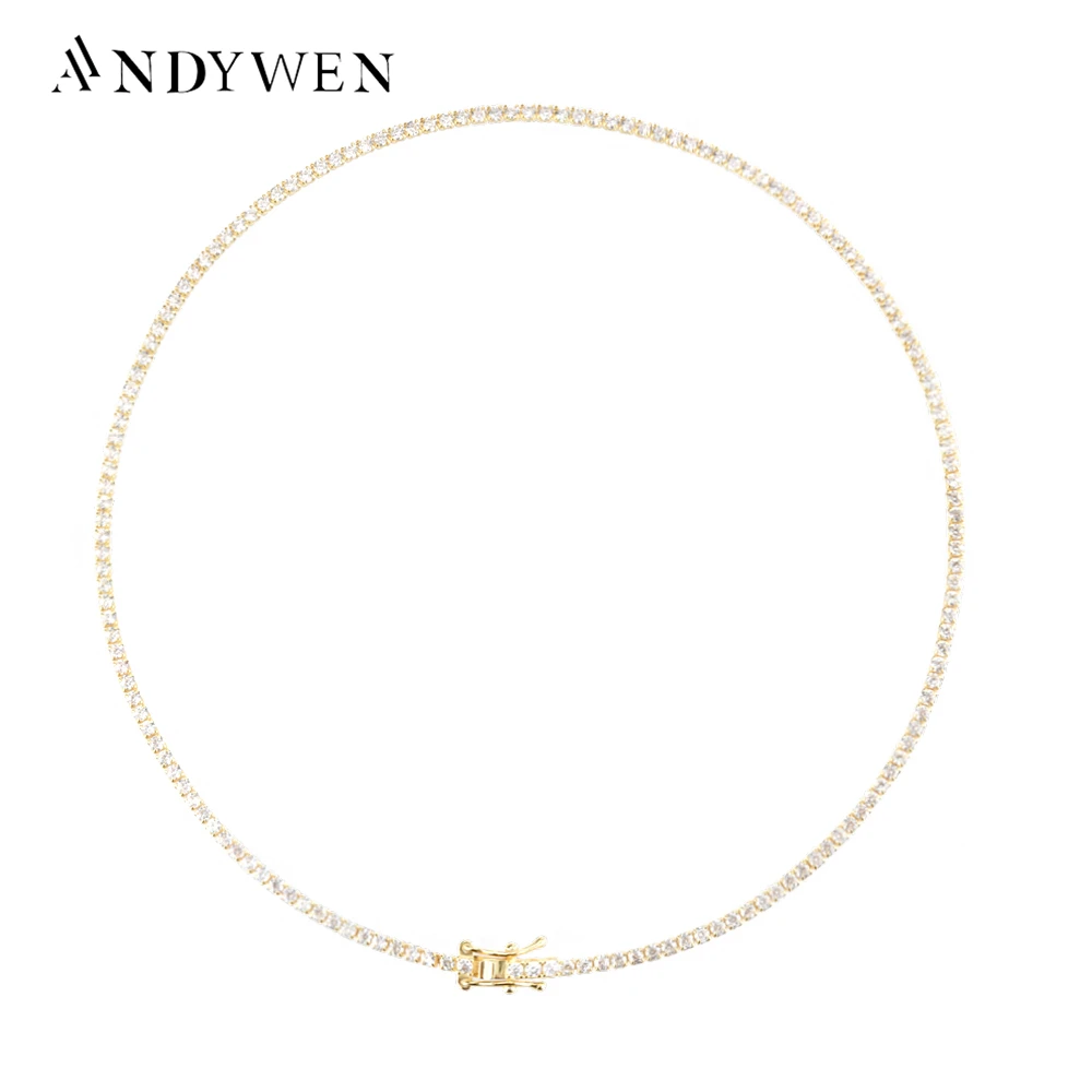 

ANDYWEN New 100% 925 Sterling Silver 2mm Zircon CZ Chain Choker 35.5cm Middle Necklace 2021 Rock Punk Wedding Jewelry For Party