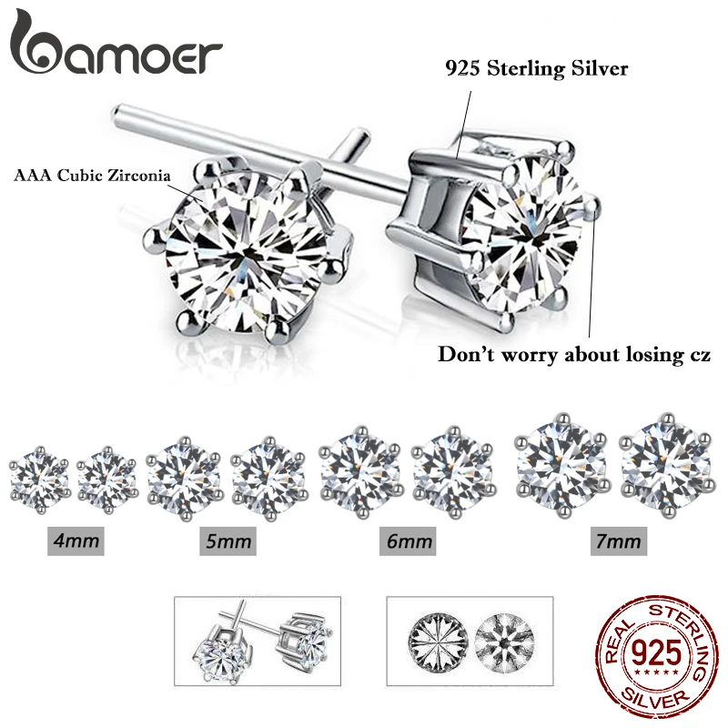 BAMOER 925 Sterling Silver Cubic Zirconia Stud Earrings for Women 14k Gold Plated Round CZ Earrings for Sensitive Ear 2 Colors