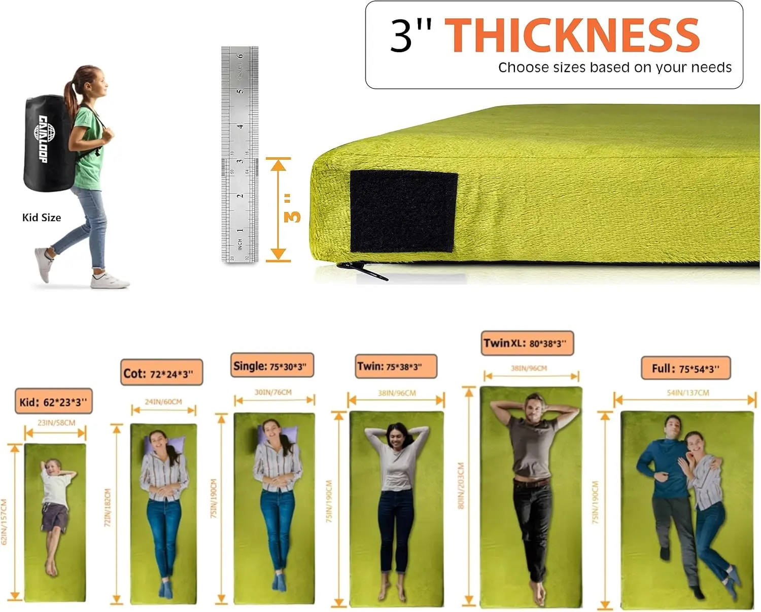 3-Inch Thick Memory Foam Camping Mattress Sleeping Pad [Car/Tent/Cot] for Guests, Children, and Adults for Overnight Use 2