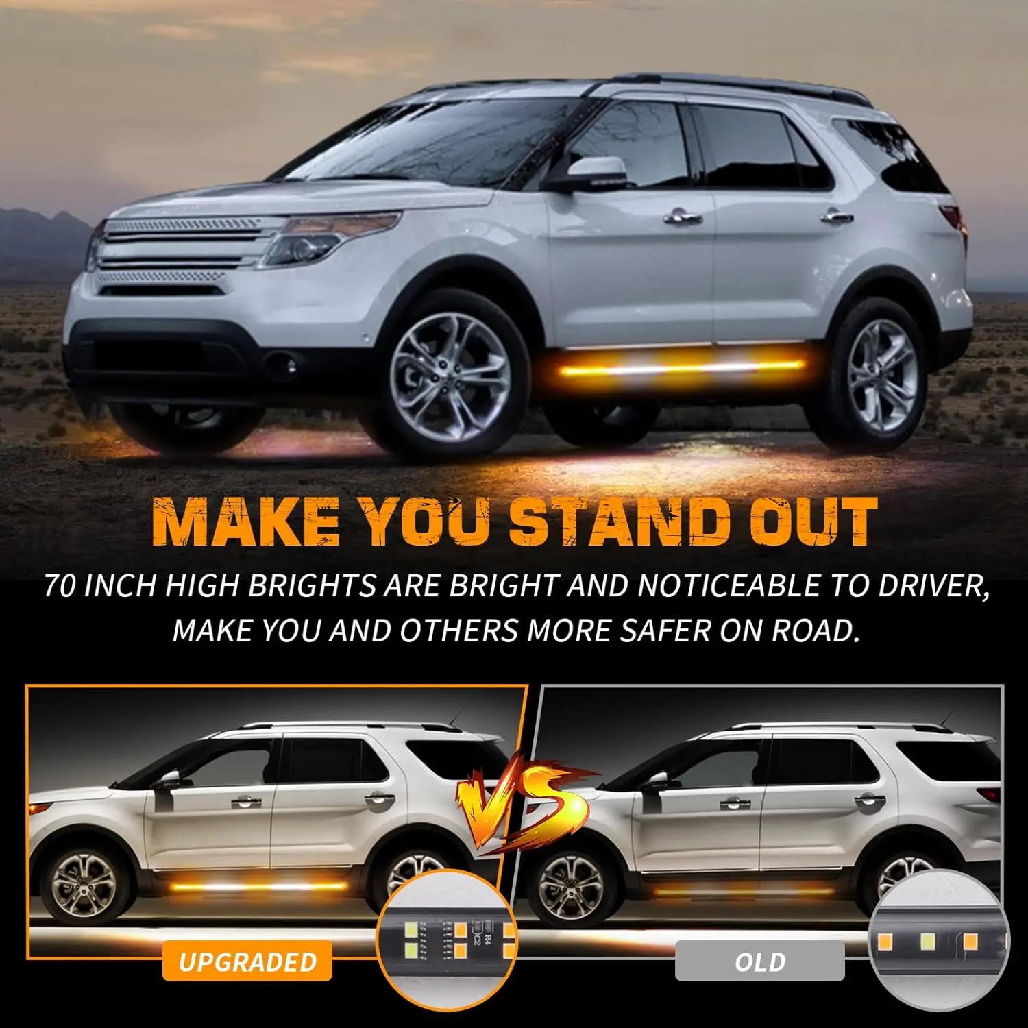 2PCS Car Truck 60 inch Emergency Strobe Lights 720 LED Running Board Lights Bar Amber White Flashing Warning Safety Side Lights