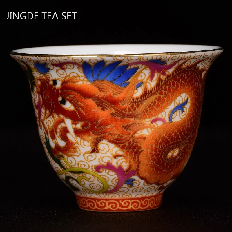 Tea Cup Chinese Handmade Porcelain Tea Cup Dragon and Phoenix Pattern Teacup Ceramic Master Cup Personal Tea Bowl Teaware