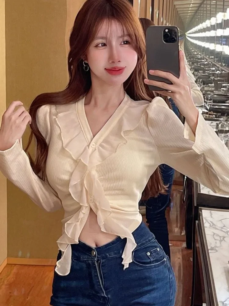 

Temperament Blouse Women Blusas De Mujer Long Sleeve Tunic Sweet Shirts Ruffles Irregular Fashion Autumn Blouses Crop Tops