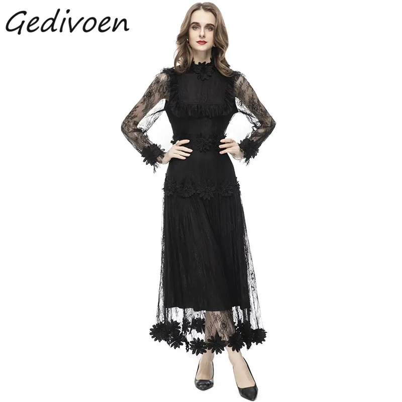 

Gedivoen Summer Fashion Designer Black Perspective Mesh Dress Women's O-Neck Long Sleeve Ruffles Appliques Vintage Long Dresses