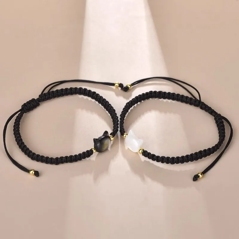 2pcs Y2K Black White Cat Bracelet Lovers Friends Natural Moonstone Rope Couple Simple Handmade Charms Bracelets Jewelry Gifts