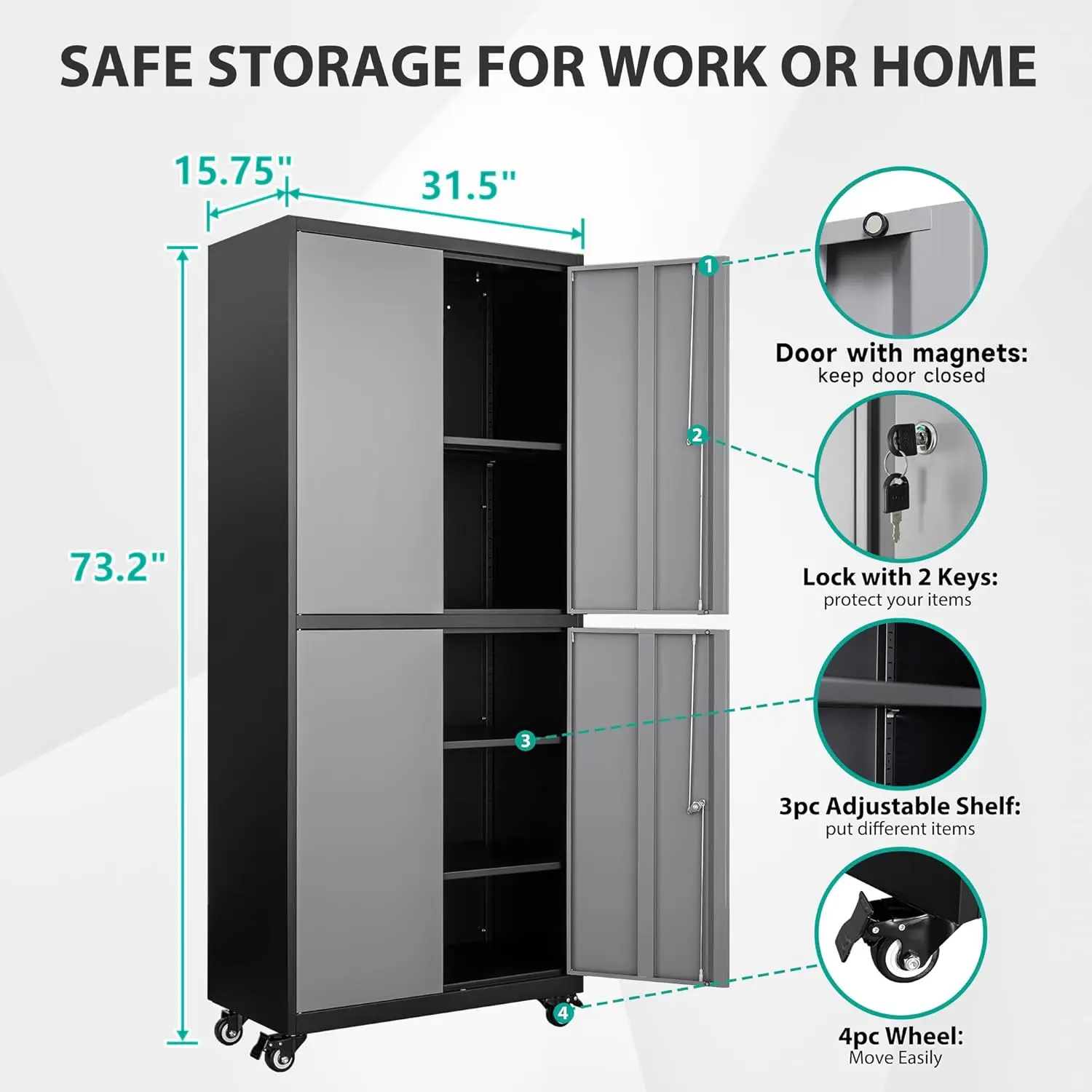 SISESOL Metal Storage Cabinet with Wheels Rolling Garage Tool Cabinet with Lock Gray Metal Shelves Home Office Shop 2