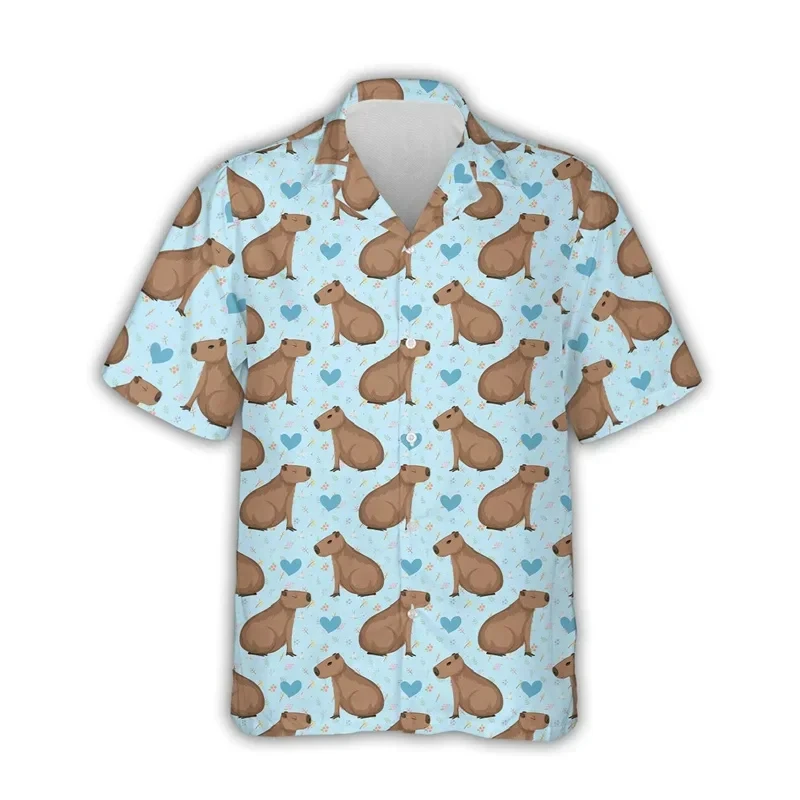 Camisa con estampado de capibara kawaii para hombre, camisa hawaiana de manga corta con solapa, estilo playero, estilo hawaiano, para hombre